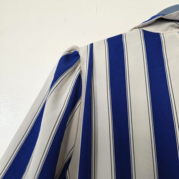 Vtg Striped Midi Shirt Dress Womens 9/10 Blue Retro Button Up Pinup Art Teacher - Picture 6 of 10